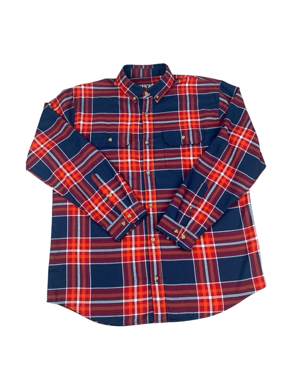 HUK Maverick Flannel Long Sleeve Shirt, Navy Blue Red Plaid Men’s Sz XL